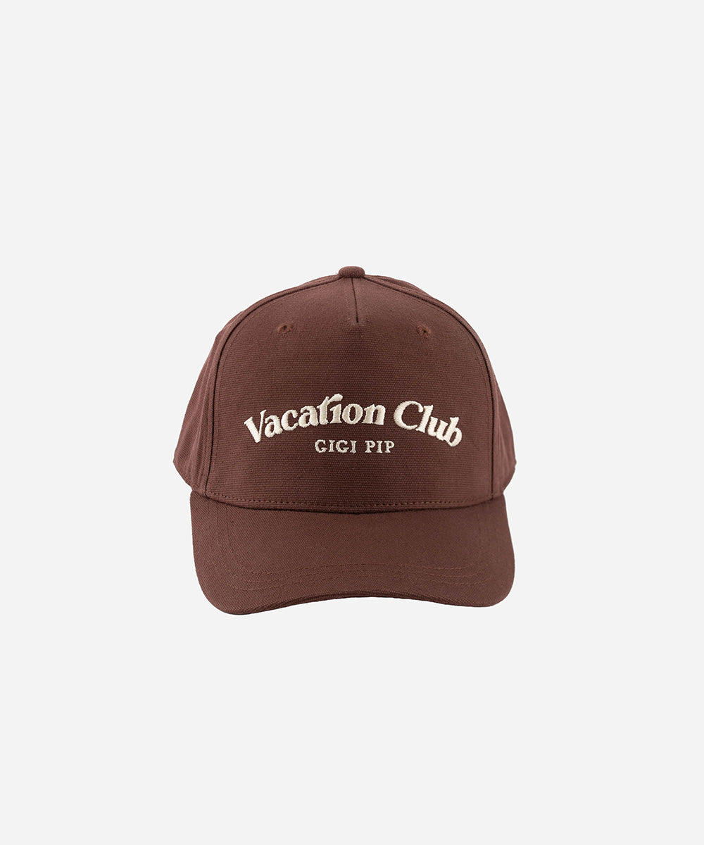 Gigi Pip trucker hats for women - Vacation Club Canvas Trucker Hat - 100% cotton canvas w/ cotton sweatband + reinforced from inner panel with 100% plolyester mesh trucker with Vacation Club embroidered on the front panel featuring an adjustable back strap [brown]