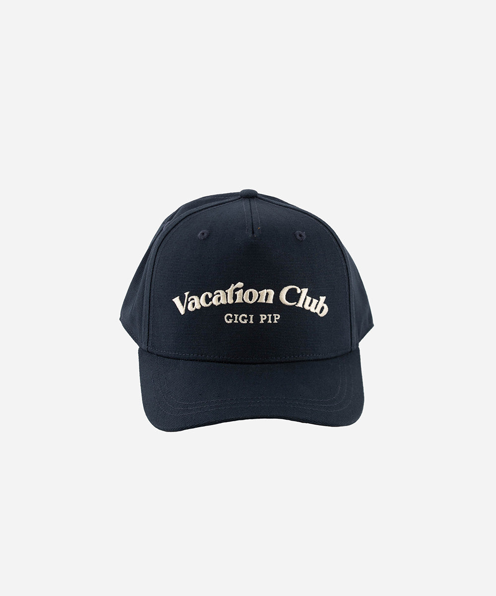 Gigi Pip trucker hats for women - Vacation Club Canvas Trucker Hat - 100% cotton canvas w/ cotton sweatband + reinforced from inner panel with 100% plolyester mesh trucker with Vacation Club embroidered on the front panel featuring an adjustable back strap [navy]