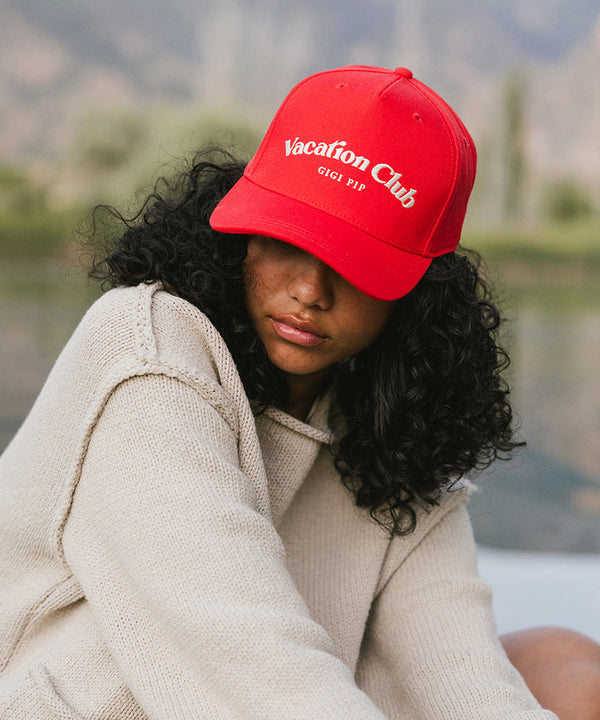 Gigi Pip trucker hats for women - Vacation Club Canvas Trucker Hat - 100% cotton canvas w/ cotton sweatband + reinforced from inner panel with 100% plolyester mesh trucker with Vacation Club embroidered on the front panel featuring an adjustable back strap [red]