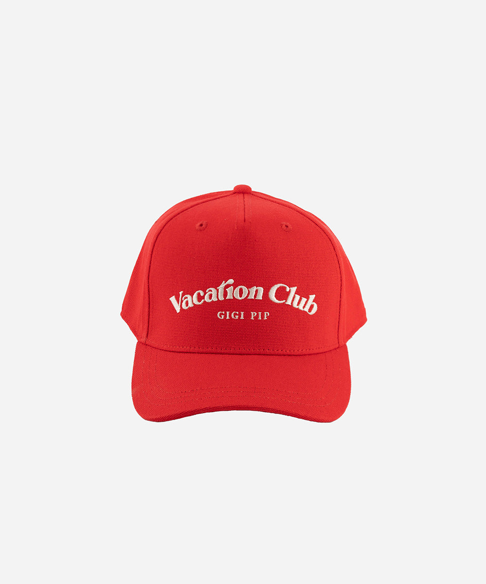 Gigi Pip trucker hats for women - Vacation Club Canvas Trucker Hat - 100% cotton canvas w/ cotton sweatband + reinforced from inner panel with 100% plolyester mesh trucker with Vacation Club embroidered on the front panel featuring an adjustable back strap [red]