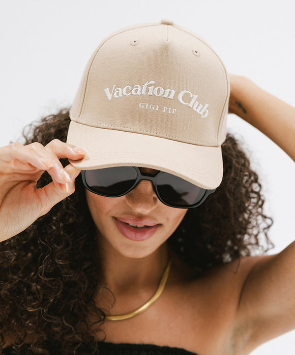 Gigi Pip trucker hats for women - Vacation Club Canvas Trucker Hat - 100% cotton canvas w/ cotton sweatband + reinforced from inner panel with 100% plolyester mesh trucker with Vacation Club embroidered on the front panel featuring an adjustable back strap [tan]