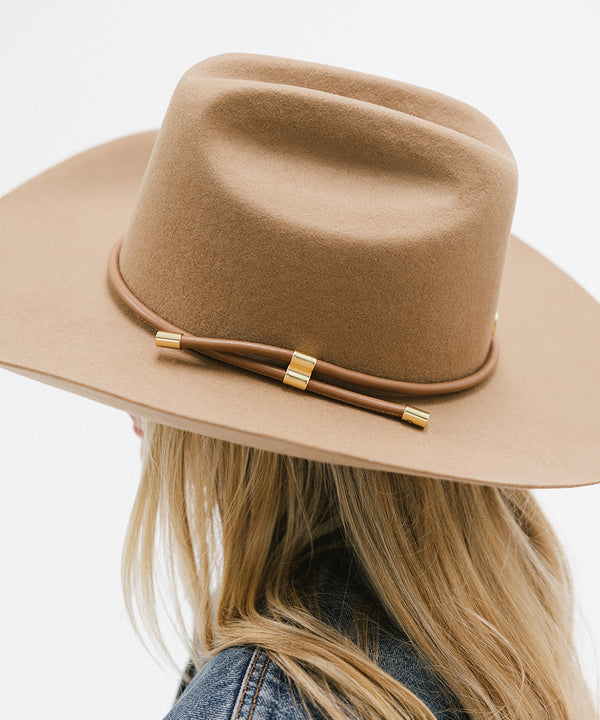 Gigi Pip hat bands + trims for women's hats - Cara Loren Vegan Wrap Band - leather vegan adjustable wrap band featuring gold plated metal hardware [brown]