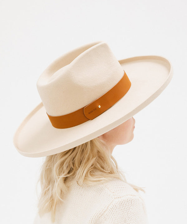 Gigi Pip hat bands + trims for women's hats - Wide Leather Band - 100% genuine leather hat band featuring a metal pin enclosure + Gigi Pip embossed on the edge [cognac]