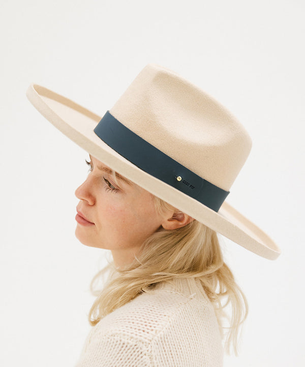 Gigi Pip hat bands + trims for women's hats - Wide Leather Band - 100% genuine leather hat band featuring a metal pin enclosure + Gigi Pip embossed on the edge [vintage blue]