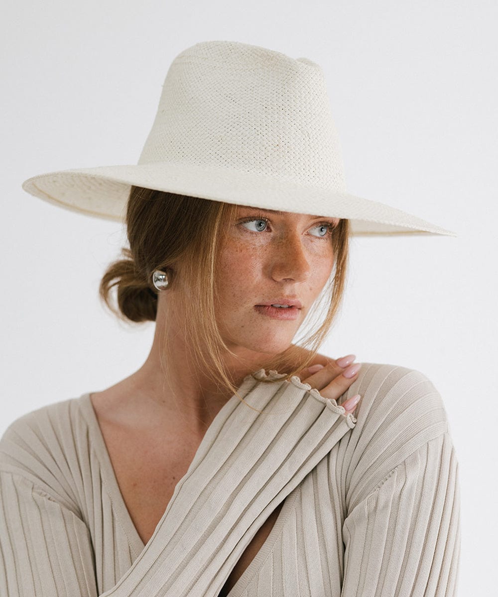 Gigi Pip straw hats for women - Willa A line Wide Brim Fedora - Wide, stiff A-line brim straw fedora hat with a gold circle GP pin on the back [white]