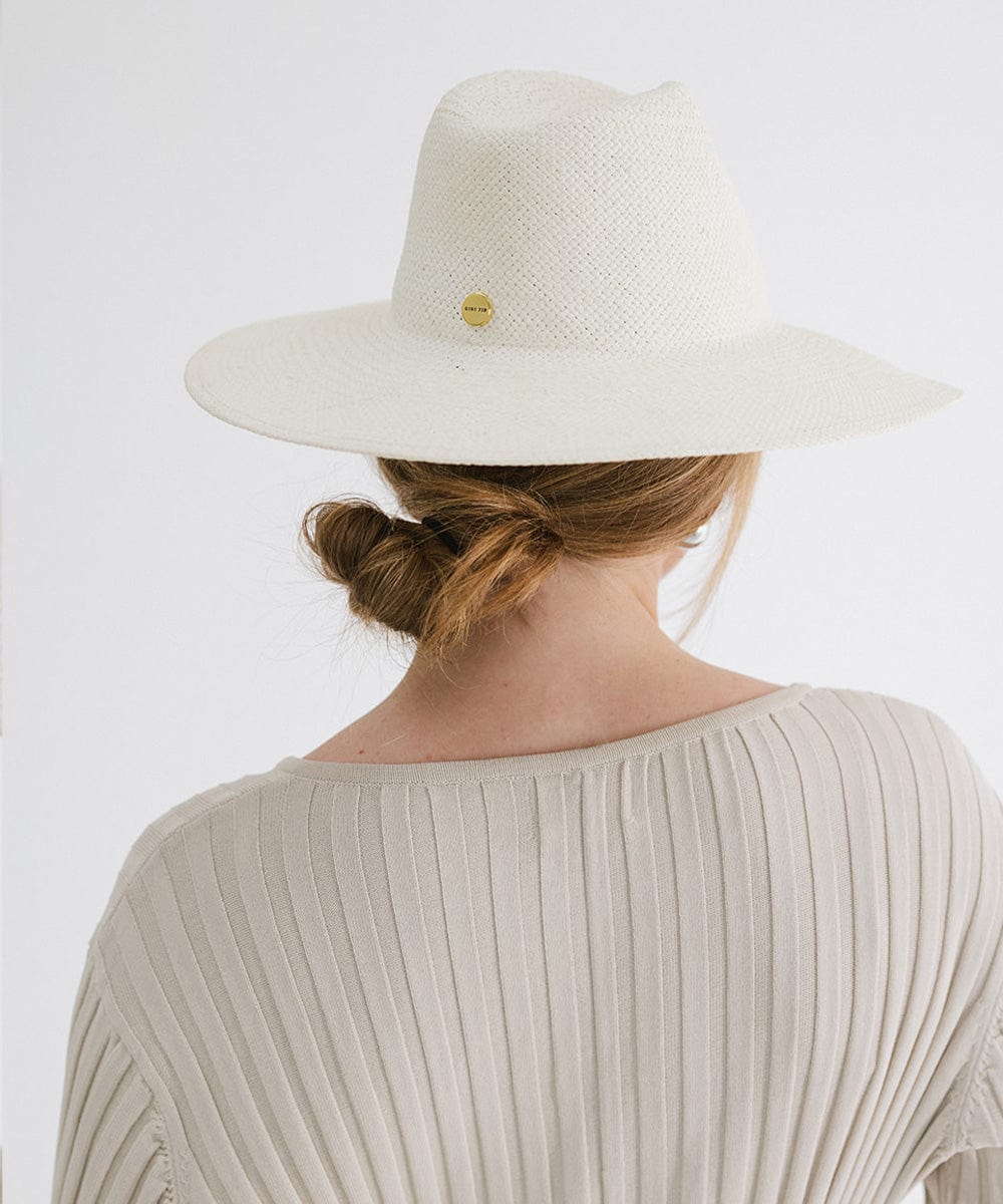 Gigi Pip straw hats for women - Willa A line Wide Brim Fedora - Wide, stiff A-line brim straw fedora hat with a gold circle GP pin on the back [white]