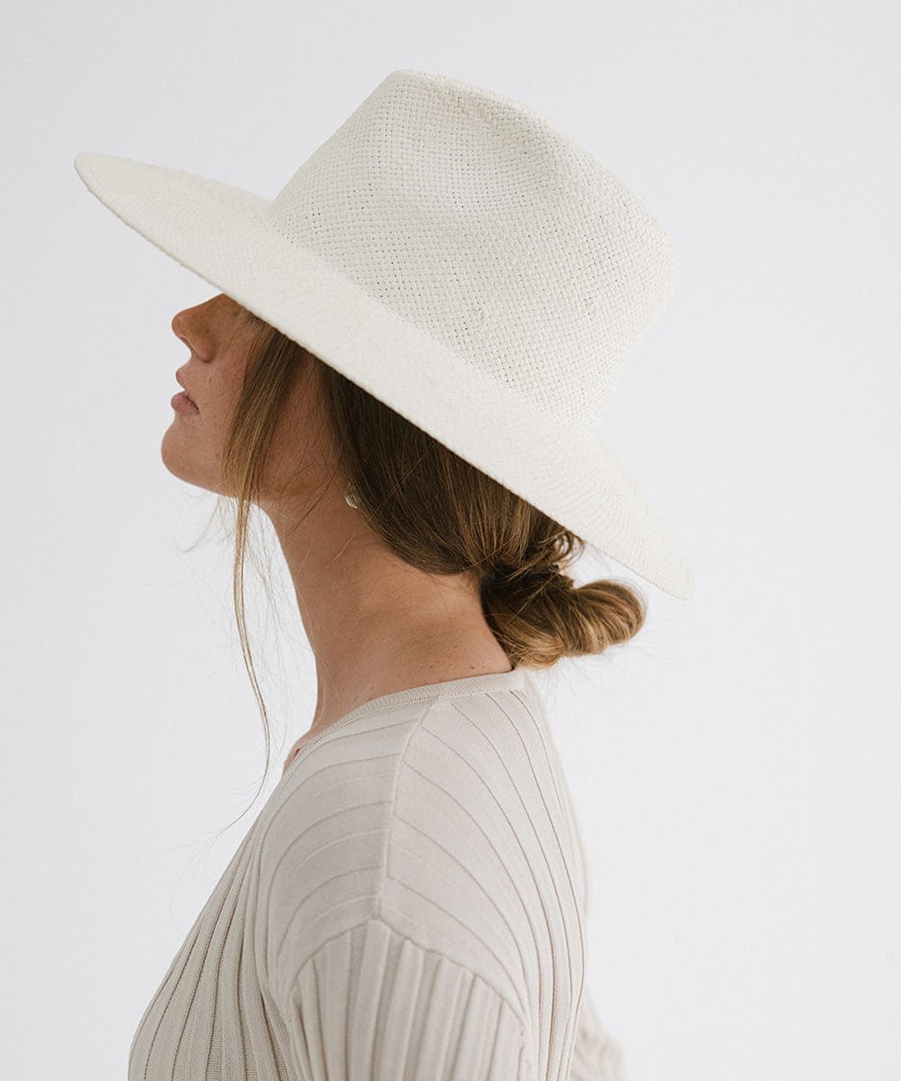 Gigi Pip straw hats for women - Willa A line Wide Brim Fedora - Wide, stiff A-line brim straw fedora hat with a gold circle GP pin on the back [white]