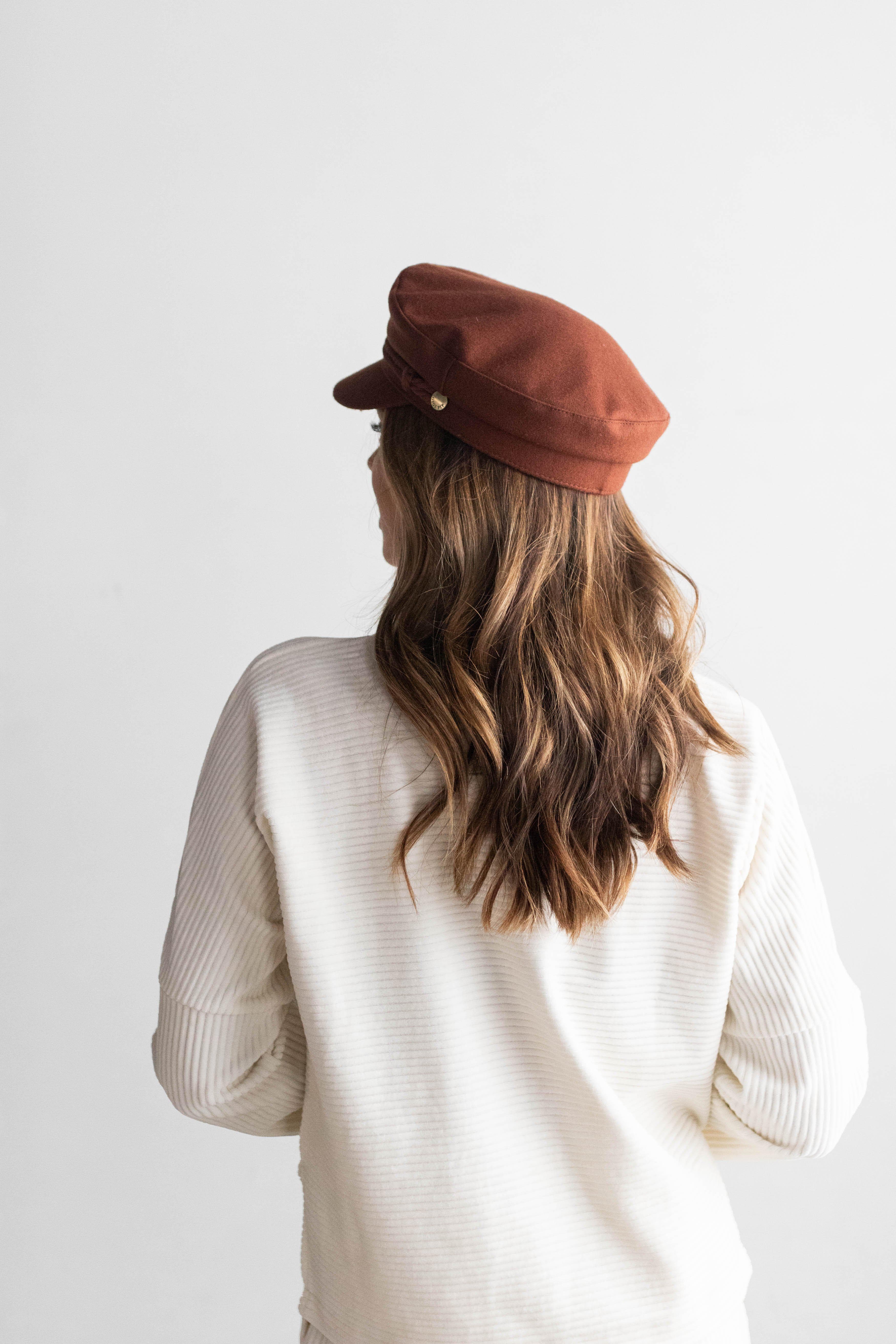 Gigi Pip caps for women - Fisherman Cap - classic fisherman cap with an adjustable inner lining, featuring a braided rope with a branded Gigi Pip bronze pin [chocolate brown]