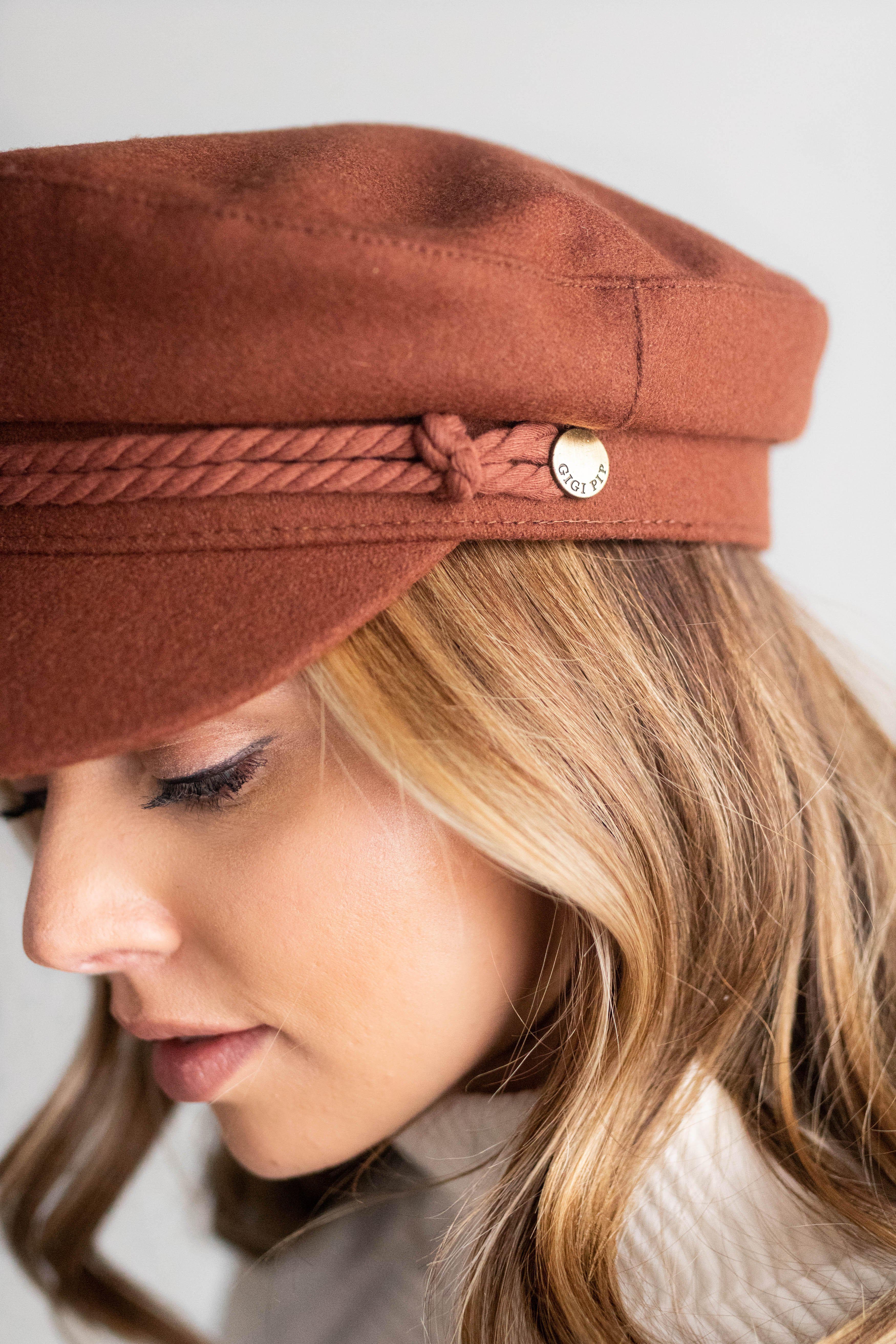 Gigi Pip caps for women - Fisherman Cap - classic fisherman cap with an adjustable inner lining, featuring a braided rope with a branded Gigi Pip bronze pin [chocolate brown]