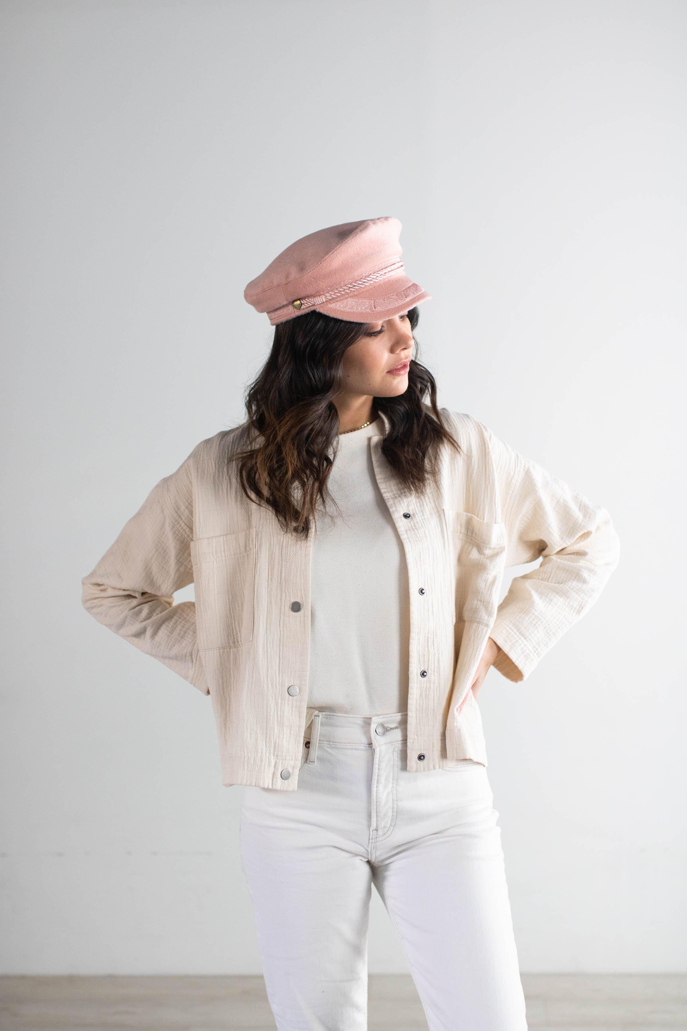 Gigi Pip caps for women - Lieutenant Cap - vintage inspired cap with an adjustable inner band, featuring a braided rope trim, a detailed grosgrain and brass button with the Gigi Pip logo [blush]