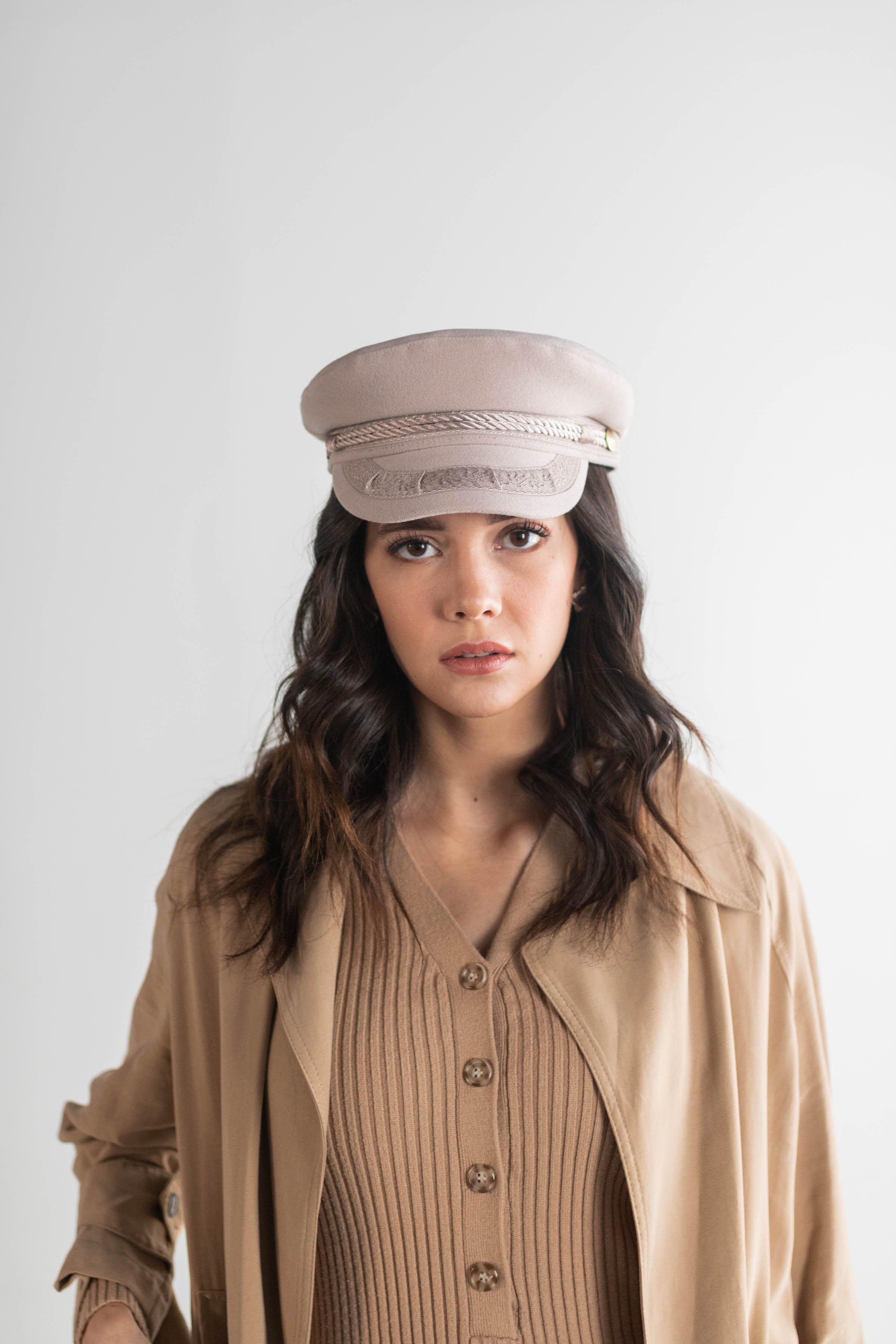 Gigi Pip caps for women - Lieutenant Cap - vintage inspired cap with an adjustable inner band, featuring a braided rope trim, a detailed grosgrain and brass button with the Gigi Pip logo [ivory]