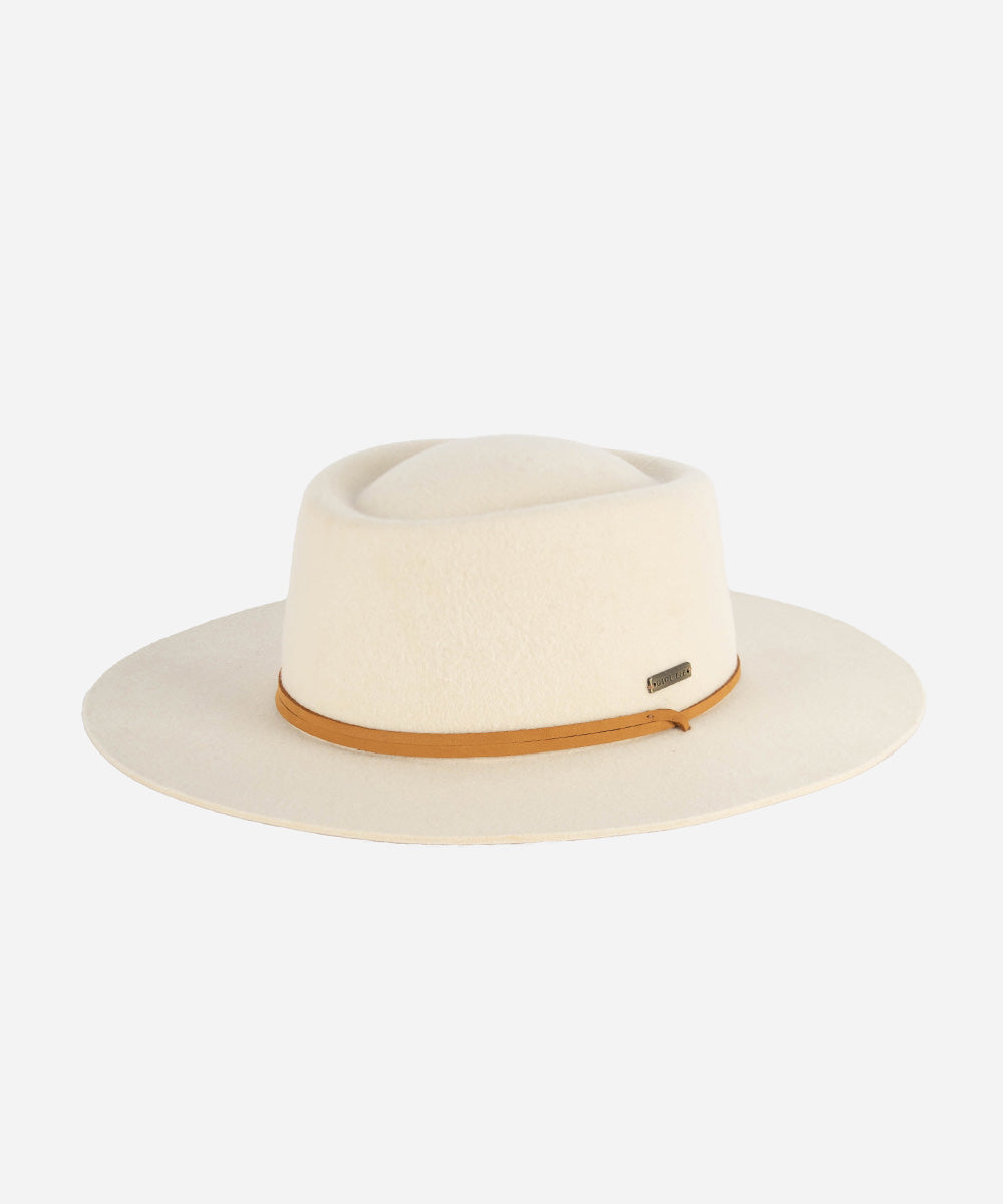 Gigi Pip felt hats for women - Wren Flat Brim Telescope - telescope crown with a stiff, flat brim and features an adjustable leather chinstrap [off white]