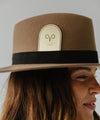 Gigi Pip hat bands + trims for women's hats - Zodiac Band Cards - laser etched metal card that fits into your hat band, tucked closely to the crown of your hat with a zodiac symbol etched into the metal [gold]