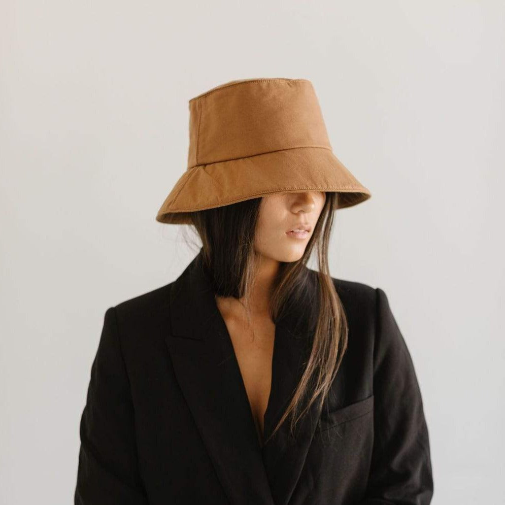 Gigi Pip bucket hats for women - Rylee Bucket Hat - 100% cotton bucket hat with a silk inner liner and an adjustable sweatband, featuring a gold Gigi Pip pin on the back of the crown [brown]