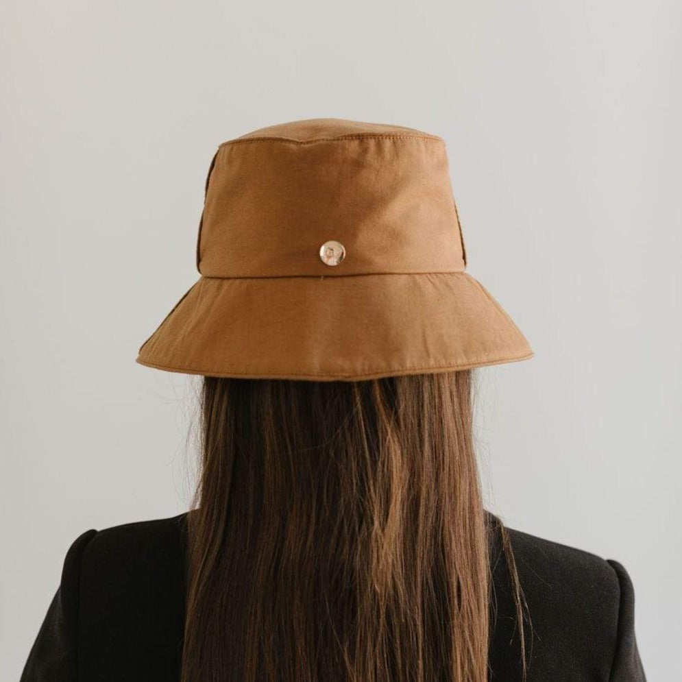 Gigi Pip bucket hats for women - Rylee Bucket Hat - 100% cotton bucket hat with a silk inner liner and an adjustable sweatband, featuring a gold Gigi Pip pin on the back of the crown [brown]