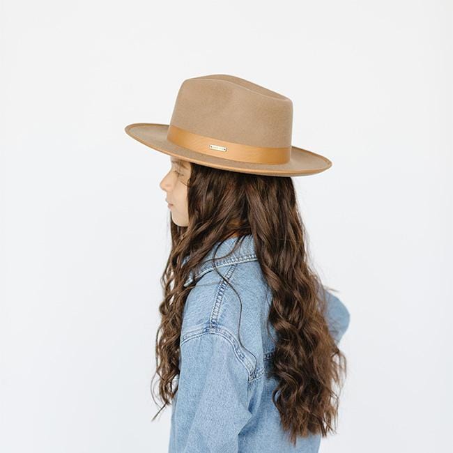 Gigi Pip felt hats for kids - Monroe Kids Rancher - fedora teardrop crown with stiff, upturned brim adorned with a tonal grosgrain band on the crown and brim [brown]