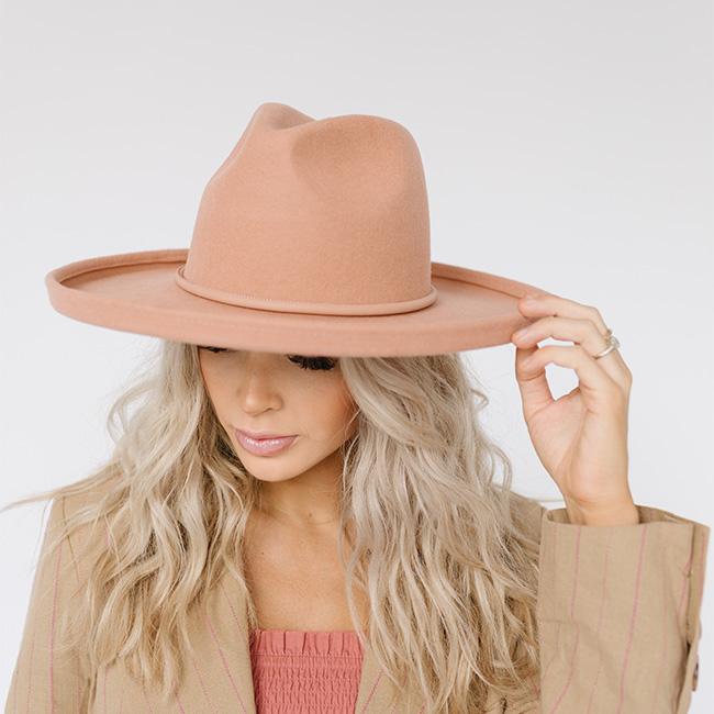 Gigi Pip felt hats for women - Cara Loren Pencil Brim Hat - curved crown with a stiff, wide brim with pencil rolled up edge [dusty pink]