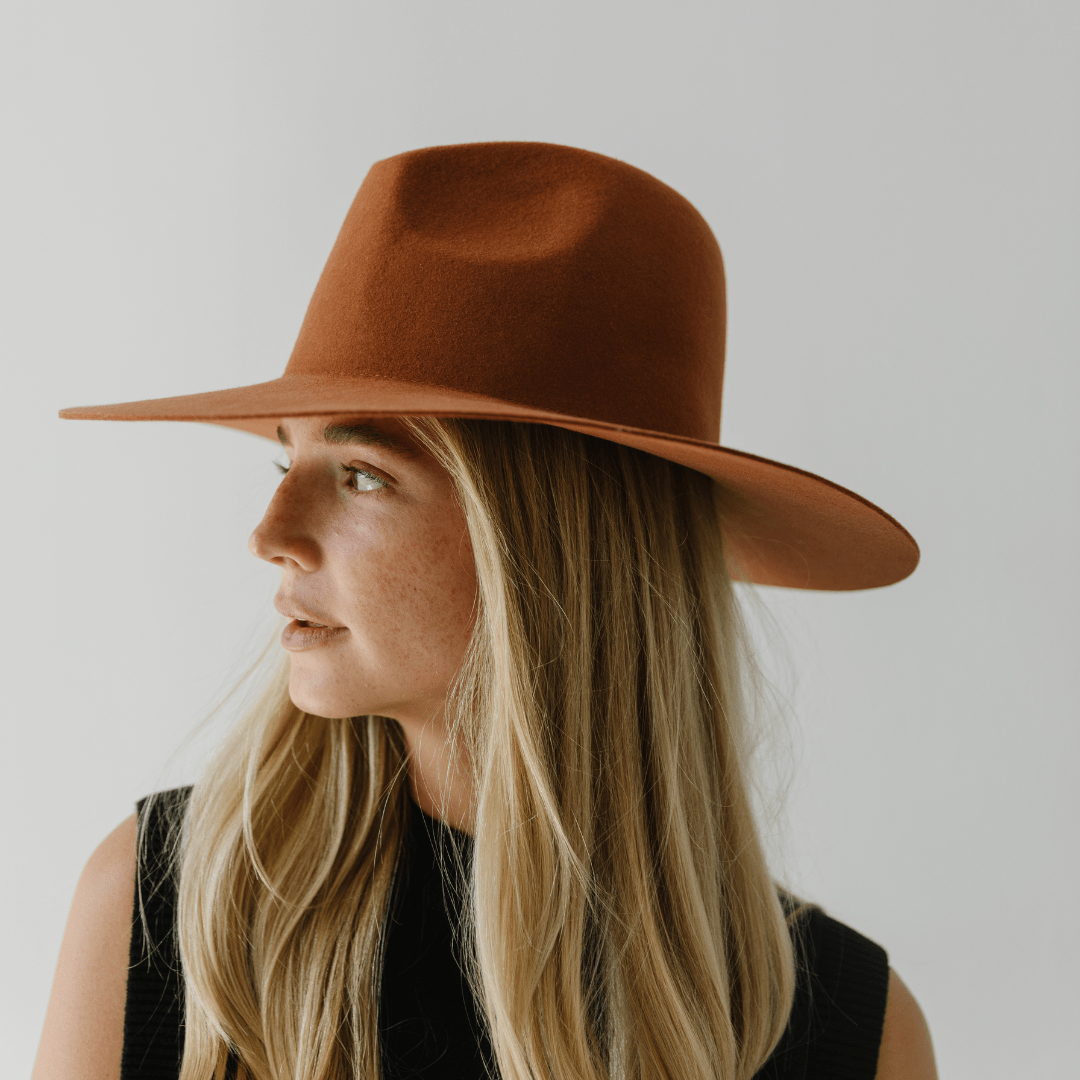 Gigi Pip felt hats for women - Emma Wide Brim Fedora - classic fedora crown with a stiff, a-line brim [terracotta]