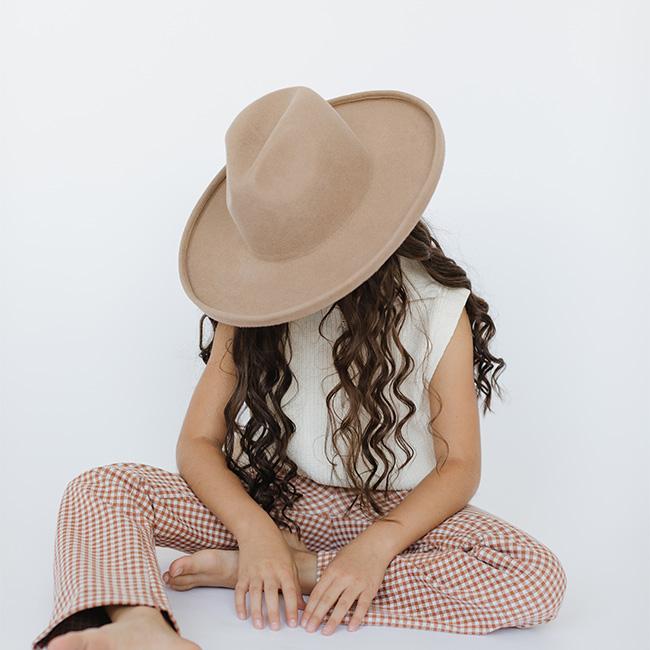 Gigi Pip felt hats for kids - Maude Kids Pencil Brim - curved crown with a stiff, wide brim with pencil rolled up edge [tan]