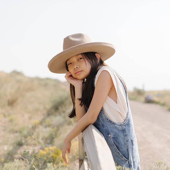 Gigi Pip felt hats for kids - Maude Kids Pencil Brim - curved crown with a stiff, wide brim with pencil rolled up edge [tan]