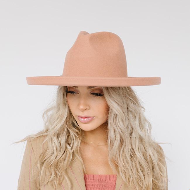 Gigi Pip felt hats for women - Cara Loren Pencil Brim Hat - curved crown with a stiff, wide brim with pencil rolled up edge [dusty pink]