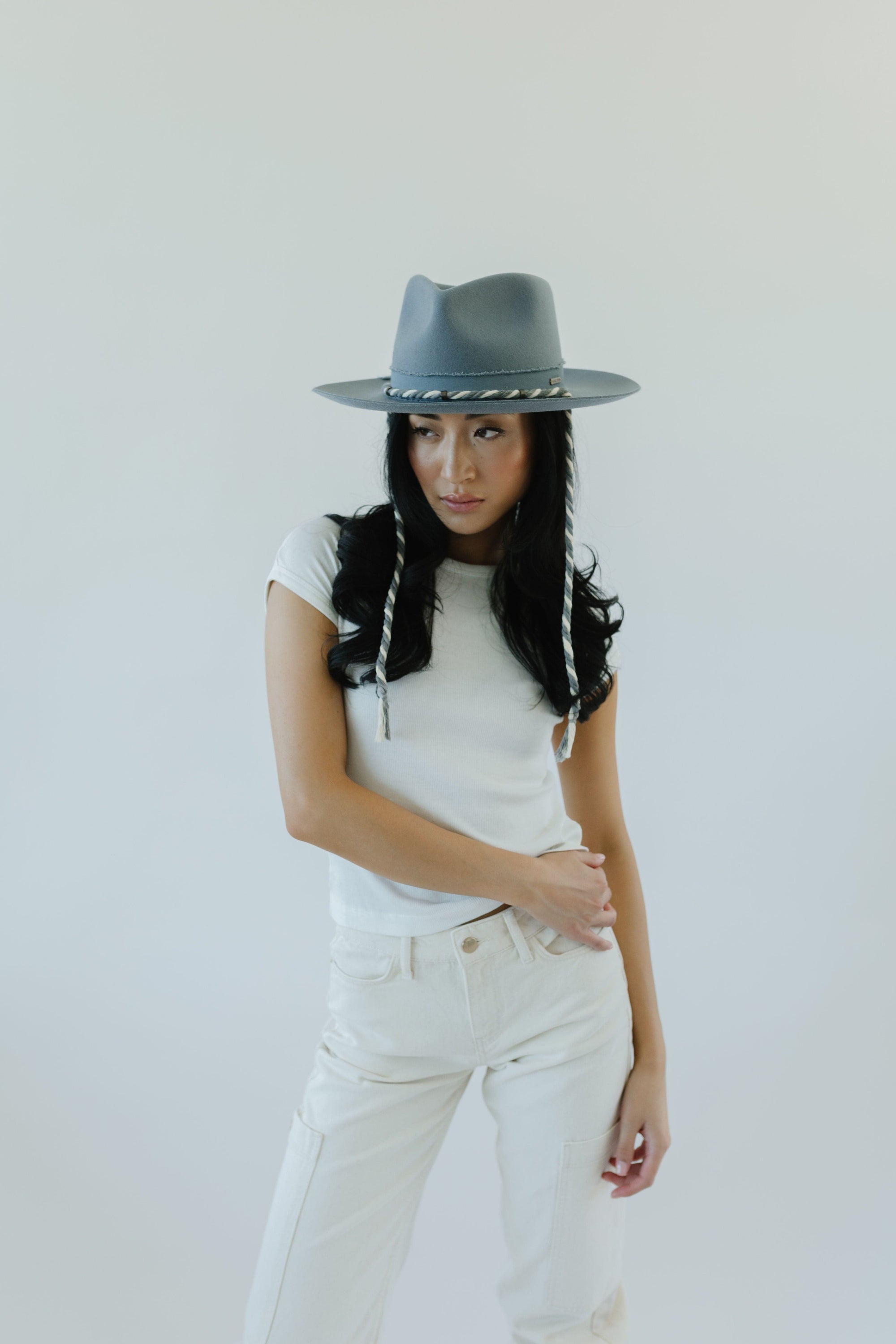 Gigi Pip felt limited edition hats for women - LE 16  - Denim Daydreams denim blue zephyr fedora featuring a distressed rope detail wrapped around the crown in an exclusive, limited edition design [denim]