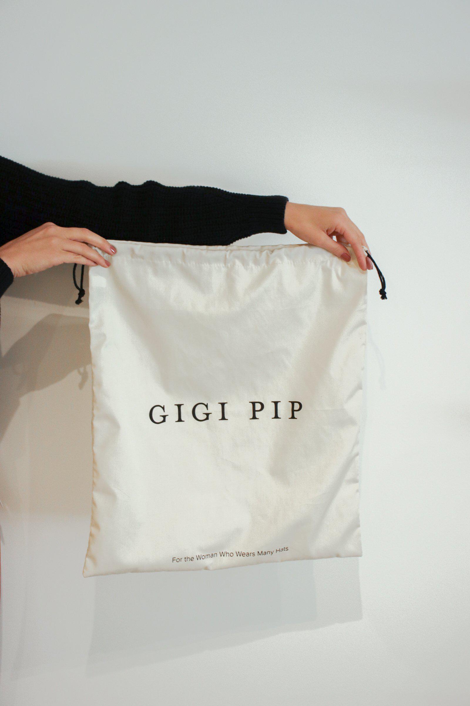 Gigi Pip hat care products - Hat Keepsake Bag - cotton drawstring duster bag for hat storage, featuring the Gigi Pip brand [white]