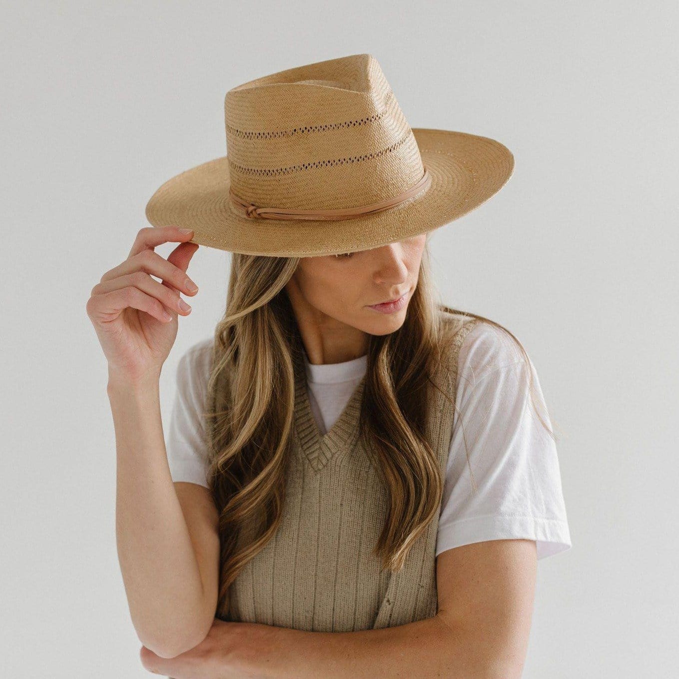 Gigi Pip straw hats for women - Arlo Straw Teardrop Fedora - teardrop crown and a stiff upturned brim, featuring handwoven venting on the crown and the brim, and a hand sewn removable leather band [honey]