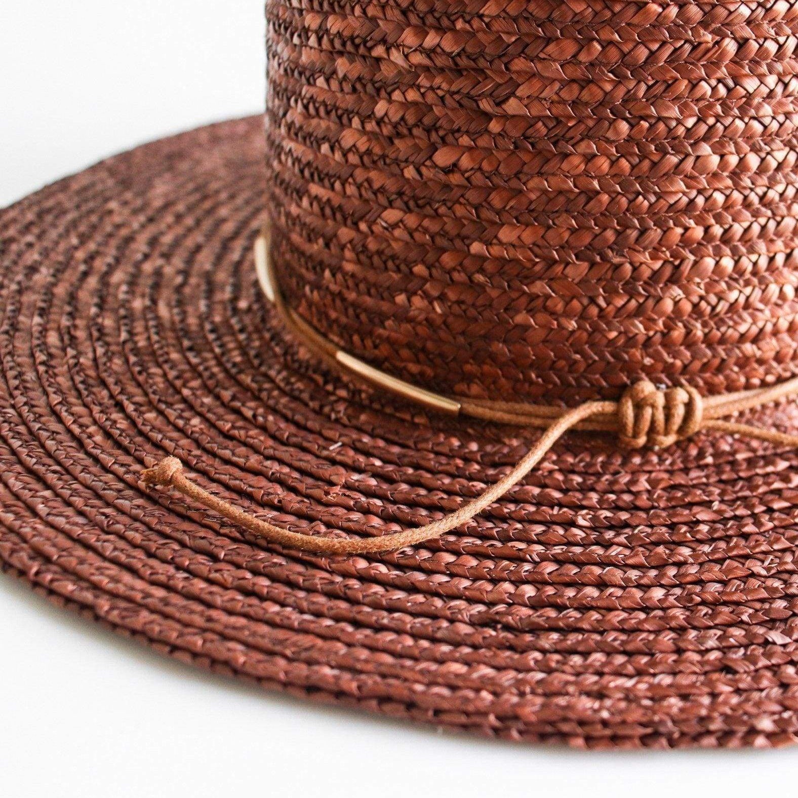 Gigi Pip straw hats for women - Capri Medium - boater crown with a medium flat brim featuring a metal and rope beaded band around the crown [brown]