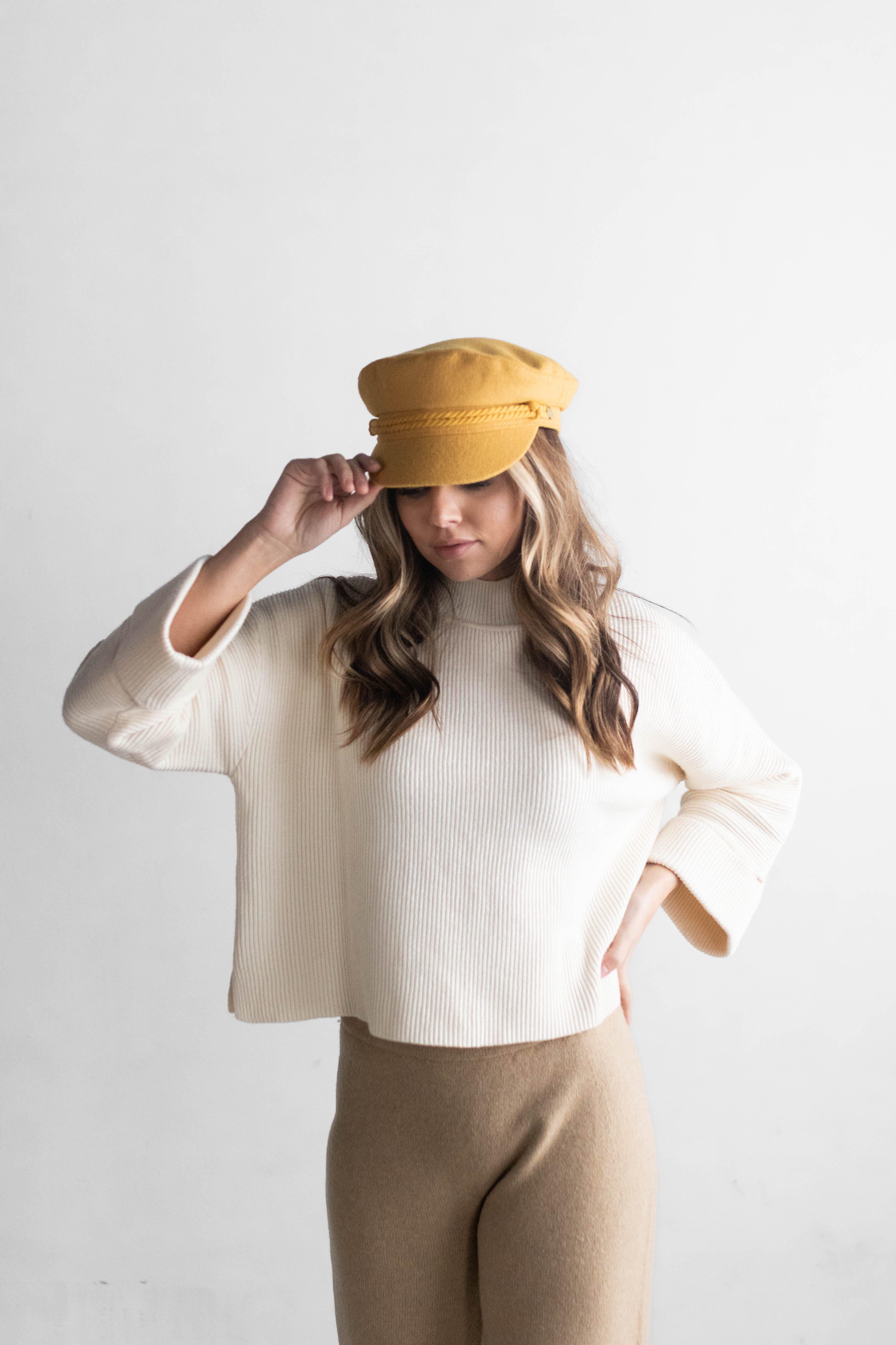 Gigi Pip caps for women - Fisherman Cap - classic fisherman cap with an adjustable inner lining, featuring a braided rope with a branded Gigi Pip bronze pin [mustard]