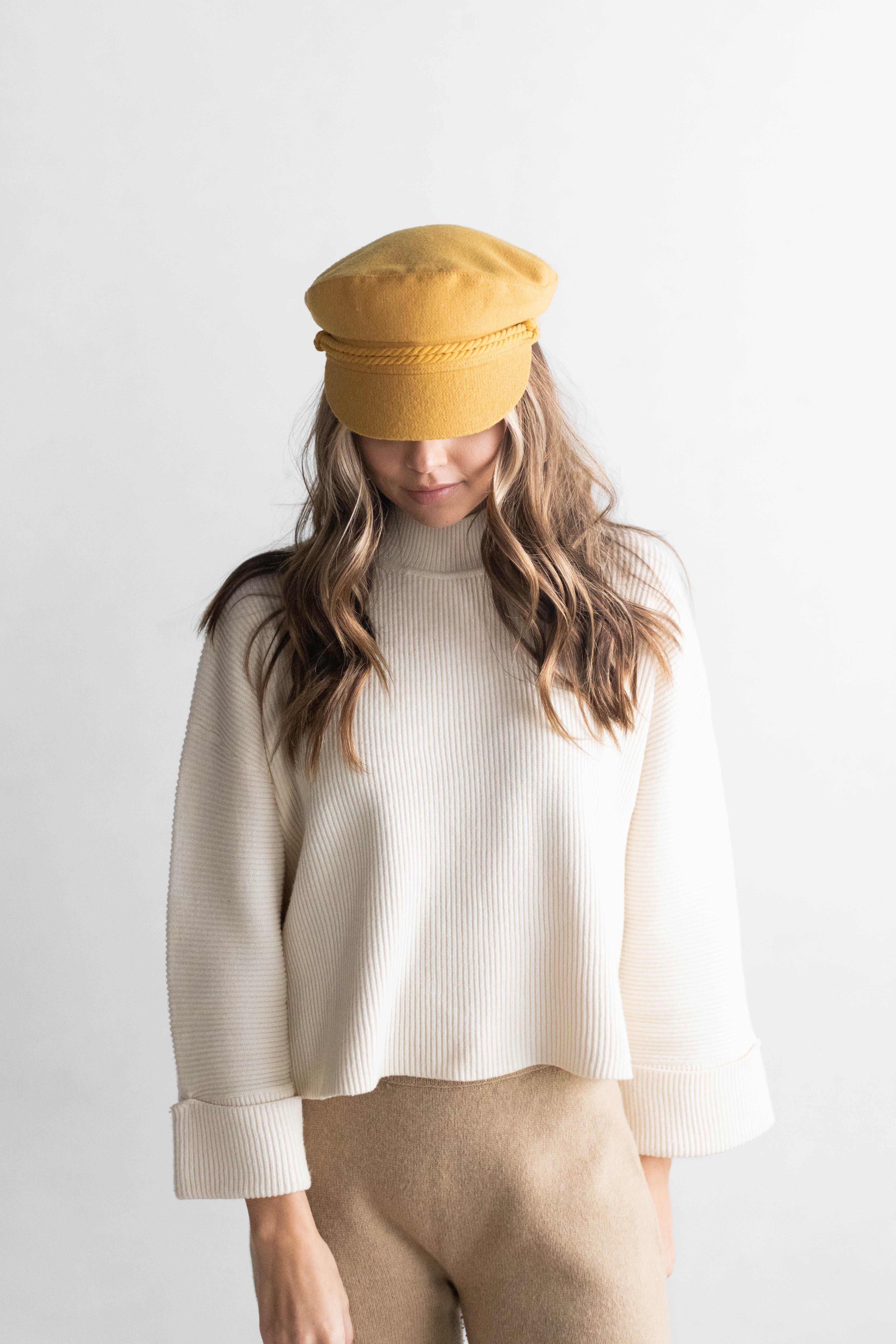 Gigi Pip caps for women - Fisherman Cap - classic fisherman cap with an adjustable inner lining, featuring a braided rope with a branded Gigi Pip bronze pin [mustard]