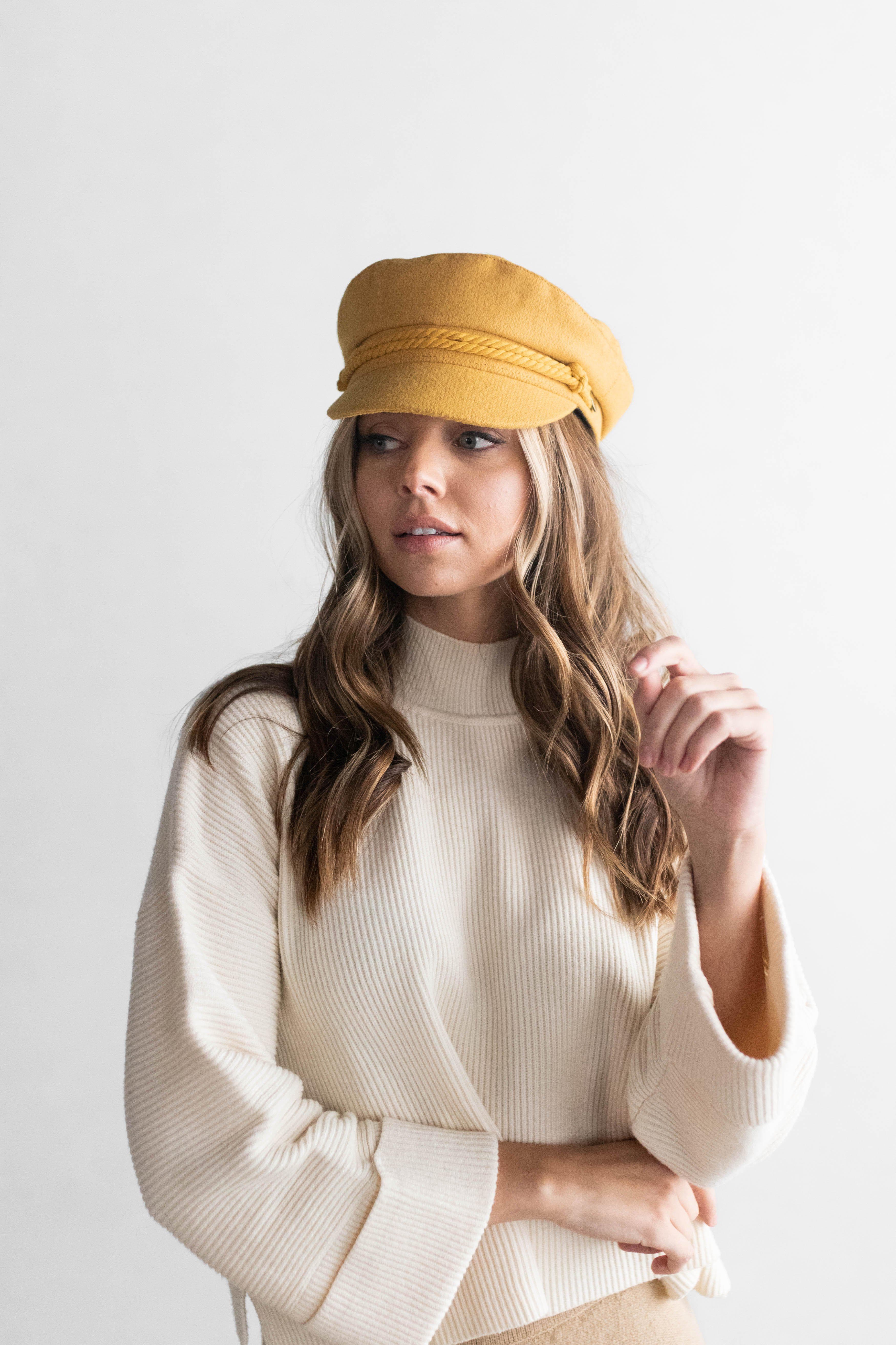 Gigi Pip caps for women - Fisherman Cap - classic fisherman cap with an adjustable inner lining, featuring a braided rope with a branded Gigi Pip bronze pin [mustard]