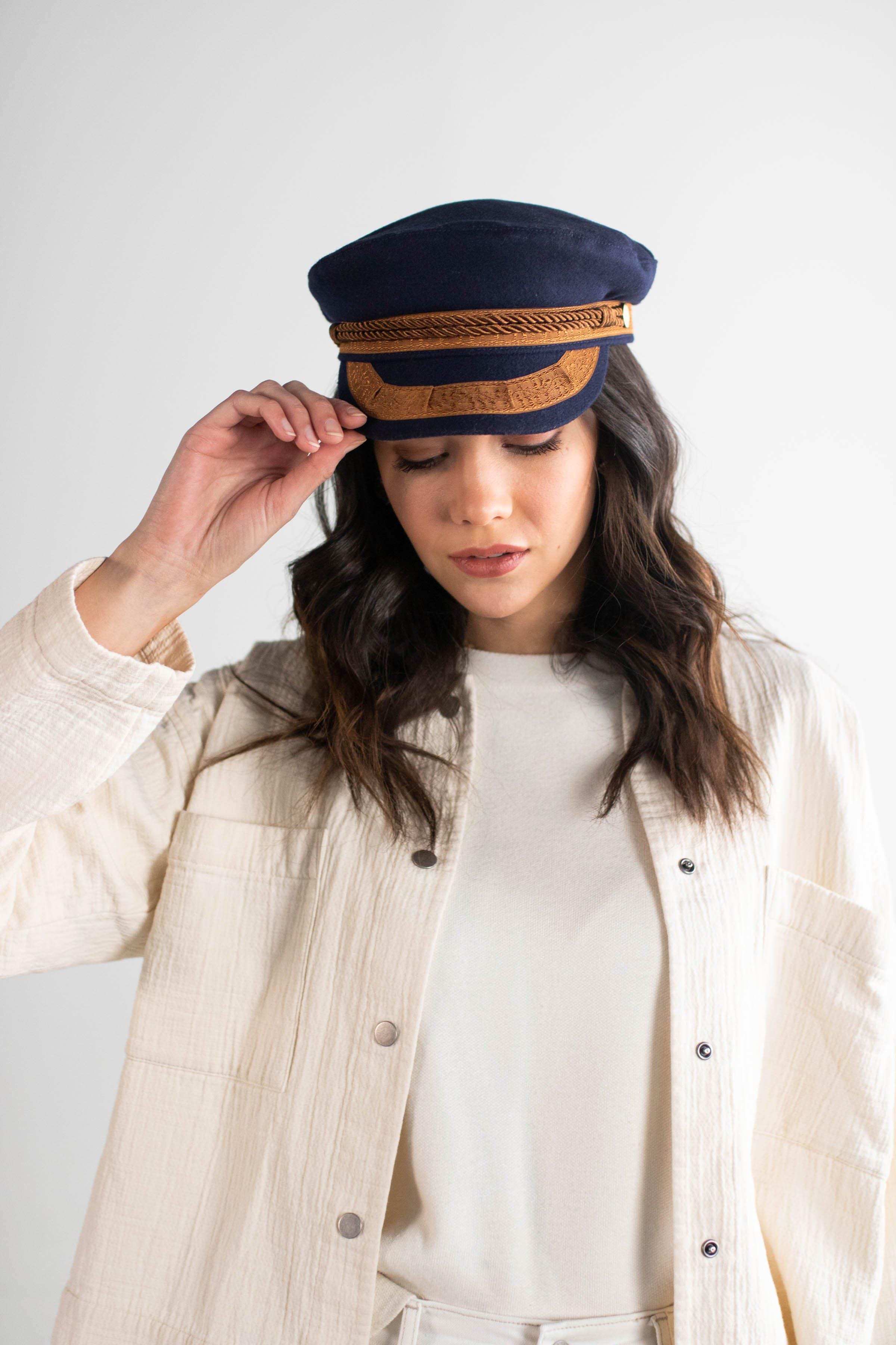 Gigi Pip caps for women - Lieutenant Cap - vintage inspired cap with an adjustable inner band, featuring a braided rope trim, a detailed grosgrain and brass button with the Gigi Pip logo [navy with gold]