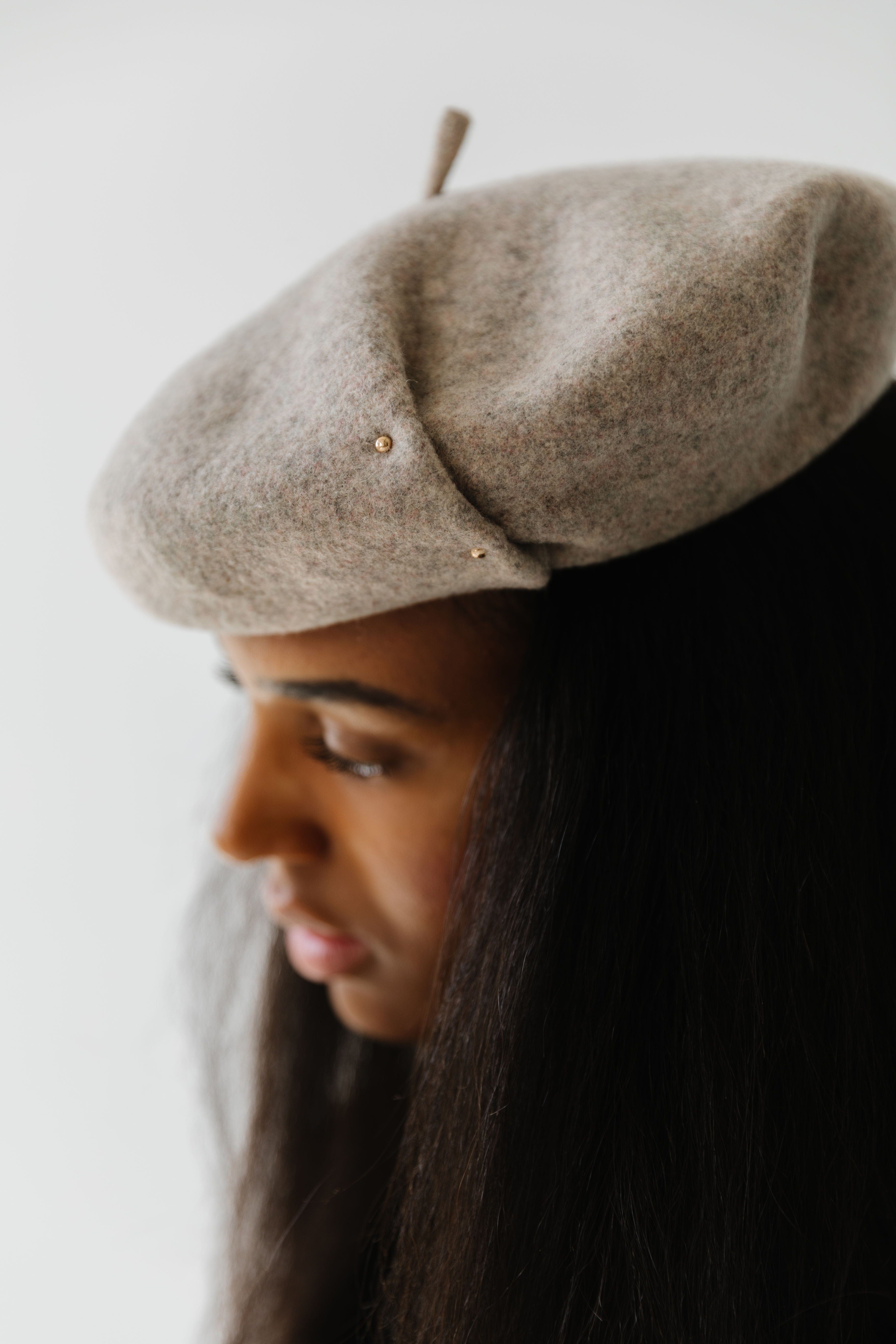 Gigi Pip caps for women - Lola Beret - 100% Australian wool classic beret featuring two metal detail embellishments on the soft fold and an adjustable inner lining [taupe]